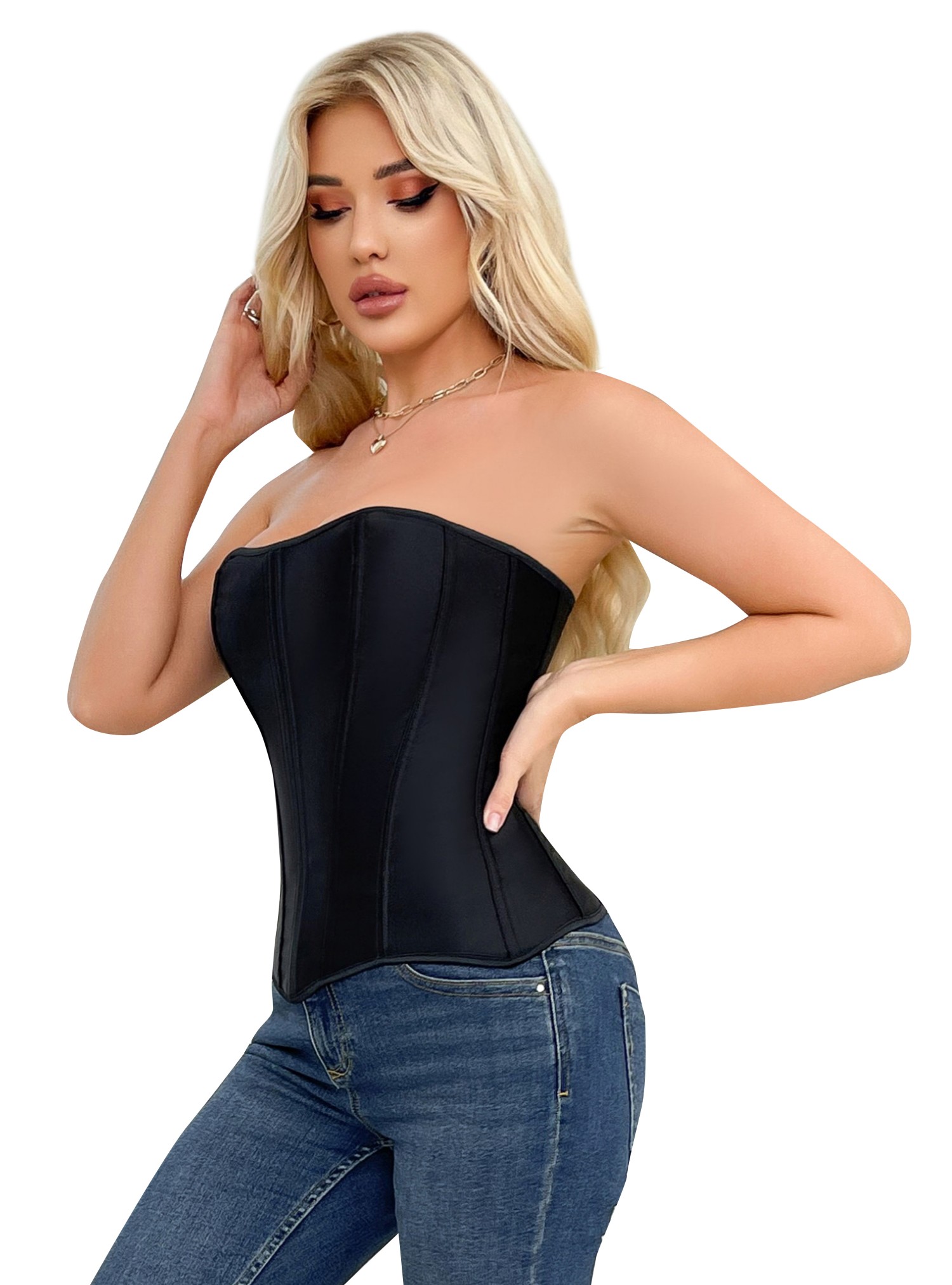 Elegant Satin Vintage Style Corselet Lace up Zipper Corsetto Korsett Black